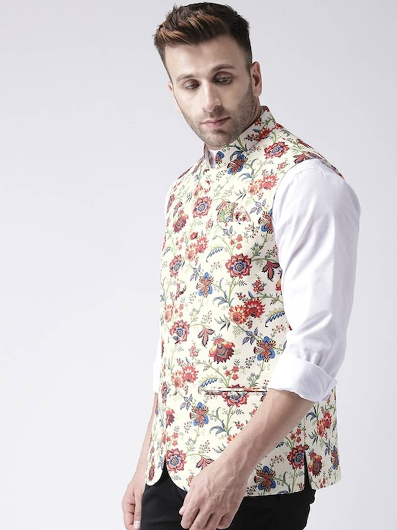 Men's Off White Viscose
 Printed Nehru Jackets